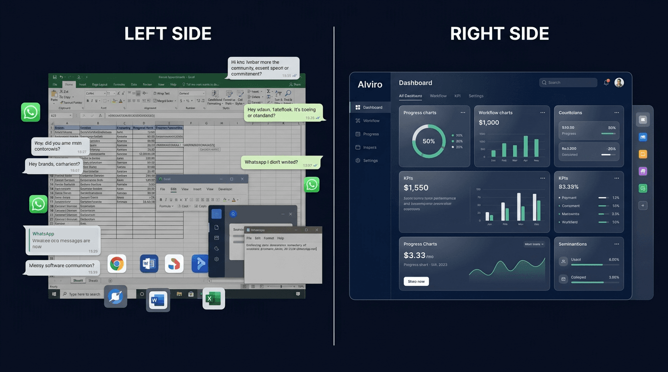 Comparison visual showing fragmented business operations versus structured system-driven operations